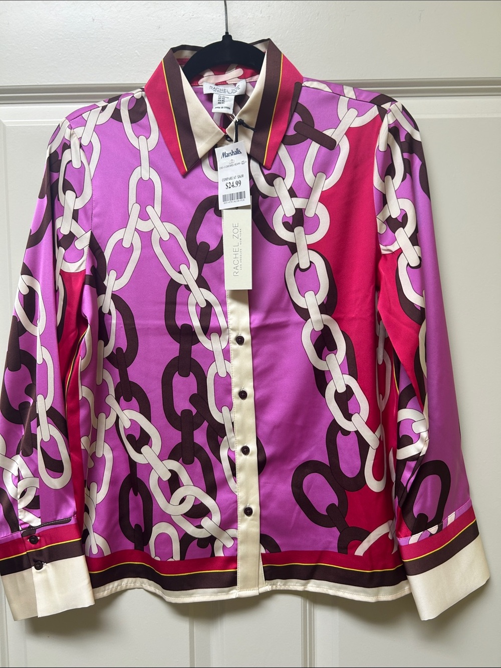 Rachel Zoe Pink & Purple Chain-Print Satin Button-Down Shirt